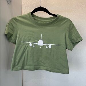 Green Crop Top with Airplane Graphic